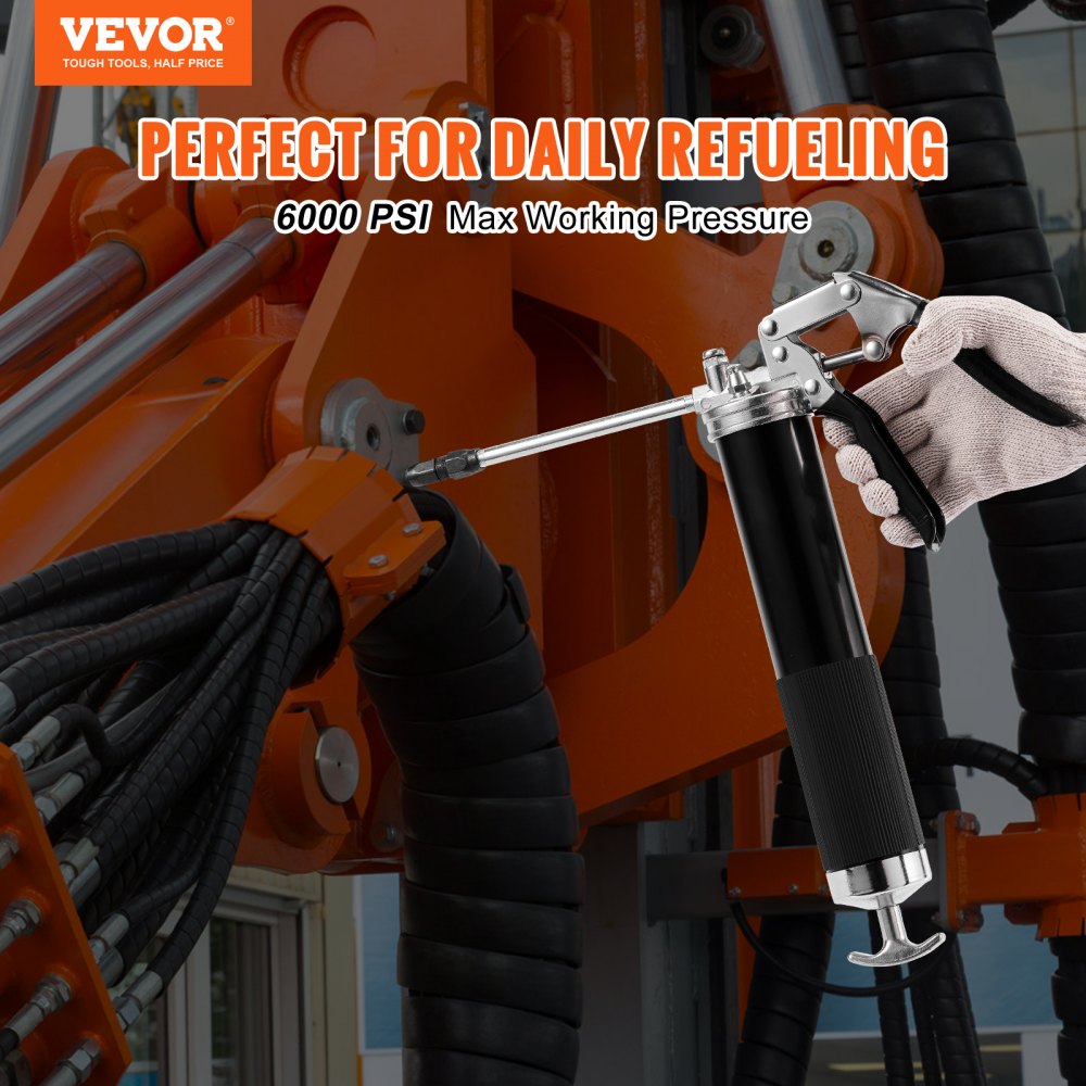 Pistol Grip Grease Gun, 6000 PSI, 14 OZ / 400 CC Capacity Heavy Duty Professional Grease Gun, with 19.69 Inch Flexible Hose 2 Black Flat Couplers, 1 Pointed Coupler, and 2 Rigid Metal Pipe
