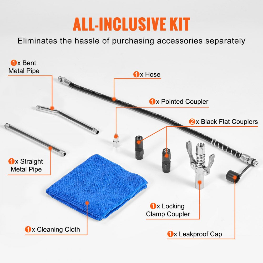 Pistol Grip Grease Gun, 6000 PSI, 14 OZ / 400 CC Capacity Heavy Duty Professional Grease Gun, with 19.69 Inch Flexible Hose 2 Black Flat Couplers, 1 Pointed Coupler, and 2 Rigid Metal Pipe