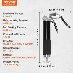 Pistol Grip Grease Gun, 6000 PSI, 14 OZ / 400 CC Capacity Heavy Duty Professional Grease Gun, with 19.69 Inch Flexible Hose 2 Black Flat Couplers, 1 Pointed Coupler, and 2 Rigid Metal Pipe