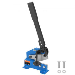 Blue manual benchtop metal shear with black handle and silver blade.