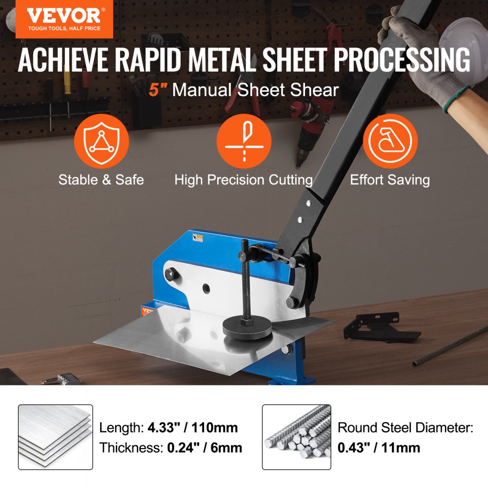 Blue Bostome HS-5 manual metal sheet shear on benchtop with 5-inch throat and cutting metal sample.