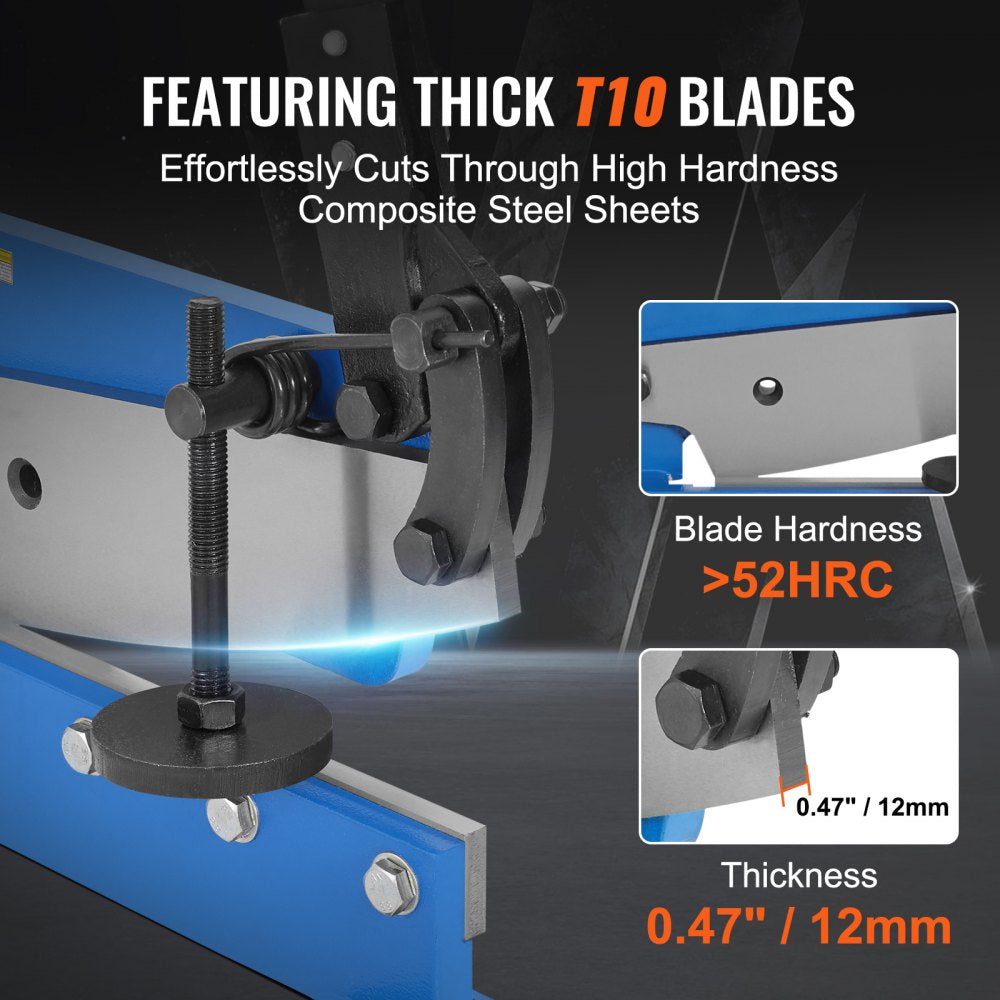 Blue manual metal sheet shear with thick T10 blades, 52HRC hardness, and 12mm thickness for cutting high-hardness steel sheets.