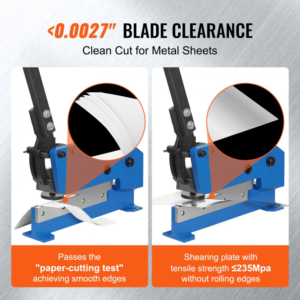 Blue manual metal shear cutting sheet with clean, burr-free edges.
