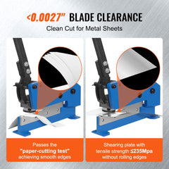 Blue manual metal shear cutting sheet with clean, burr-free edges.