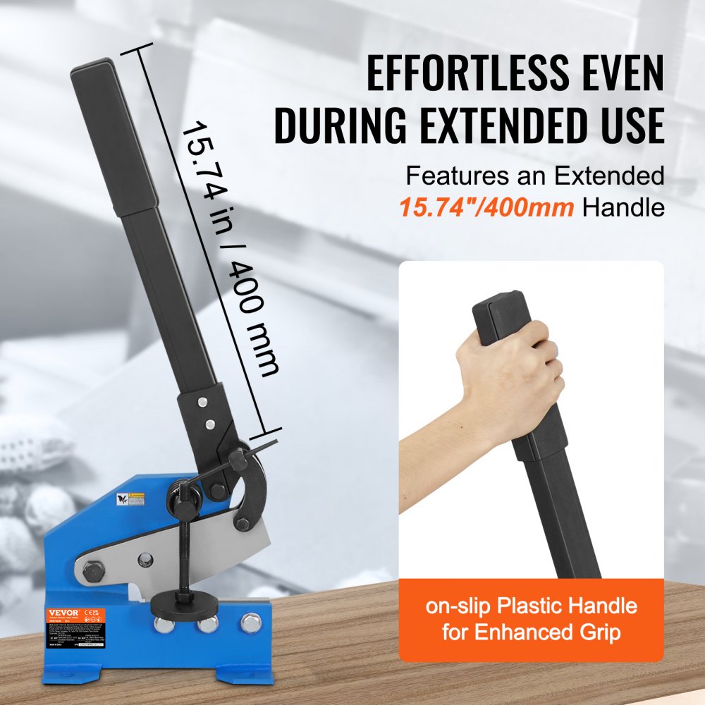 Blue benchtop metal shear with 5-inch throat, 15.7-inch black handle, and dimensions labeled.