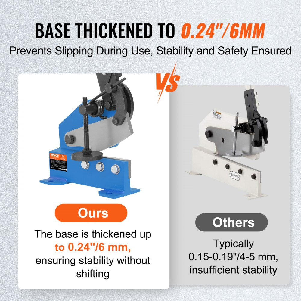 Comparison image showing Bostome HS-5 shear with thickened 0.24-inch base versus thinner base on other shears for stability.