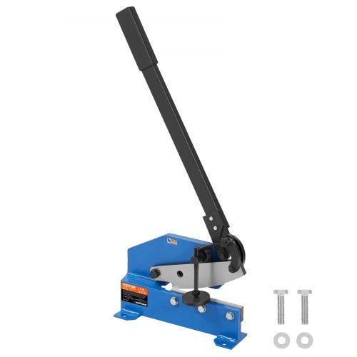 Blue manual metal plate shear with black handle and mounting bolts on benchtop base.