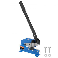 Blue manual metal plate shear with black handle and mounting bolts on benchtop base.