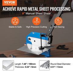 Blue 8-inch manual metal plate shear with white base, cutting silver sheet on benchtop.