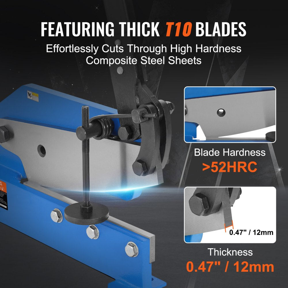 Blue manual metal shear with thick T10 blades for cutting 0.47-inch steel sheets.