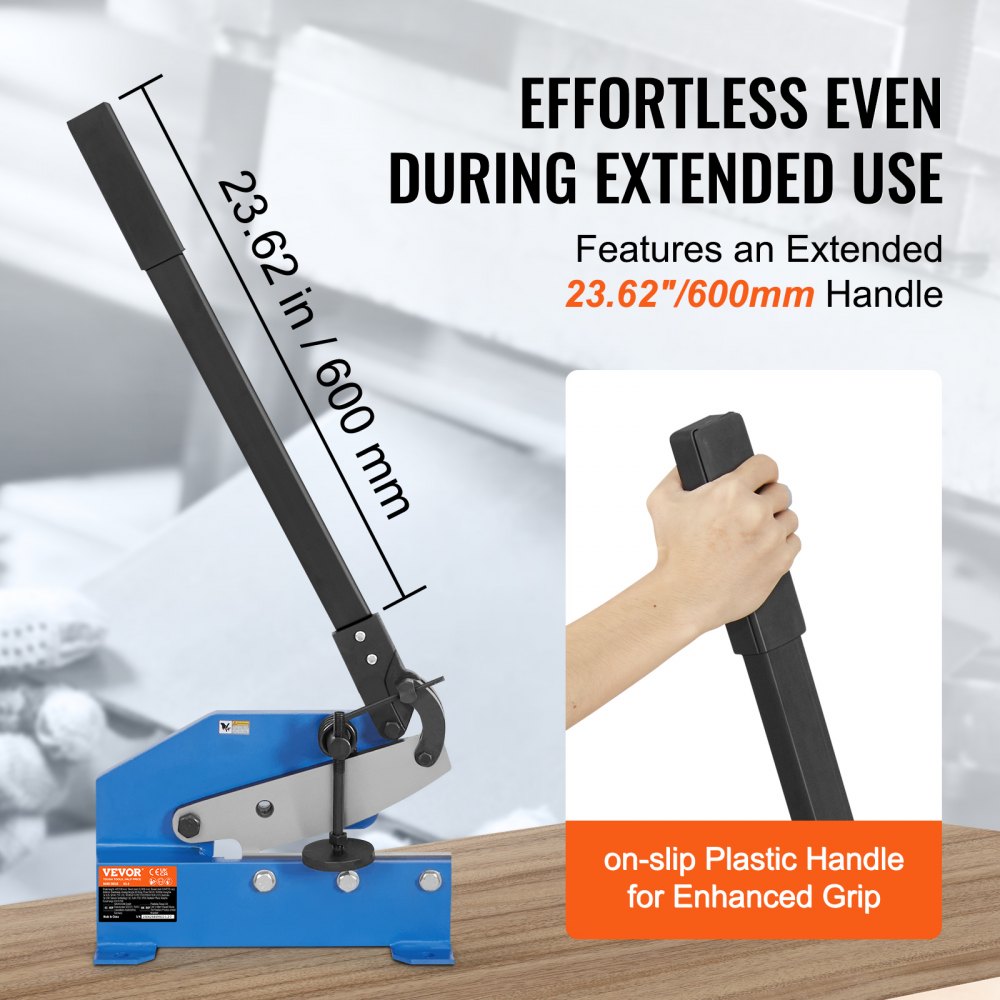 Blue manual metal shear with 23.6-inch black handle and dimensions shown on wooden bench.