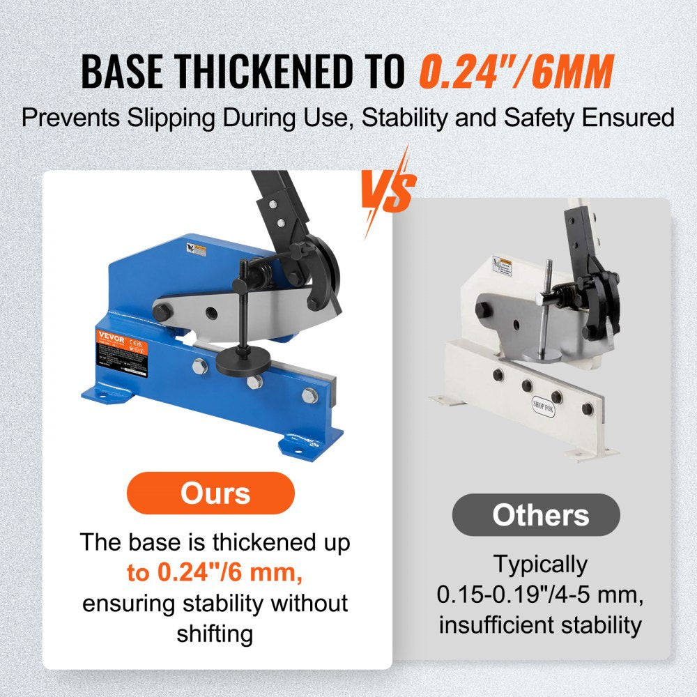 Comparison of Bostome HS-8 metal shear with thickened 0.24-inch base versus thinner base, showing enhanced stability.