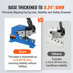 Comparison of Bostome HS-8 metal shear with thickened 0.24-inch base versus thinner base, showing enhanced stability.