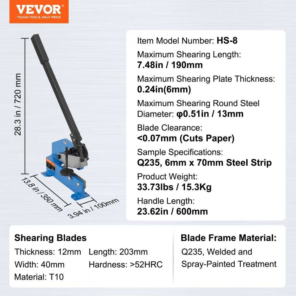 Bostome HS-8 manual metal plate shear with 8-inch cutting length and blue handle on a benchtop base.