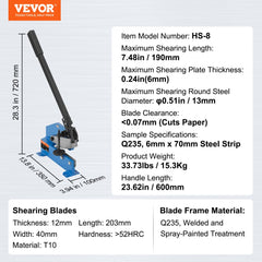 Bostome HS-8 manual metal plate shear with 8-inch cutting length and blue handle on a benchtop base.