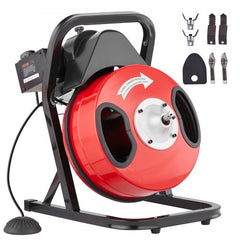 Bostome 50ft manual feed drain cleaner machine with red drum, black frame, and 4 cutters.