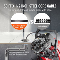 50FT x 1/2 inch steel core cable drain cleaner machine with manual feed snake auger and 4 cutters.