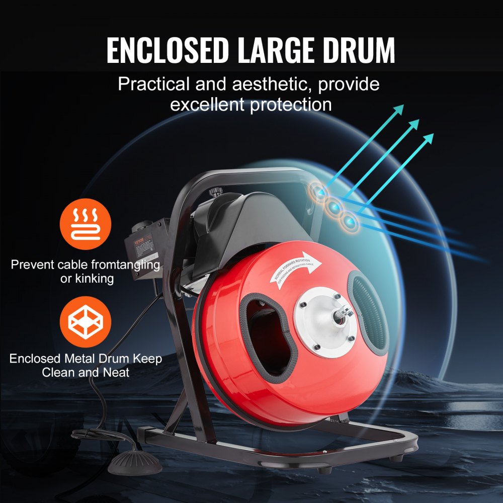 Red enclosed manual drain cleaner machine with 50ft cable, 4 cutters, and foot pedal.