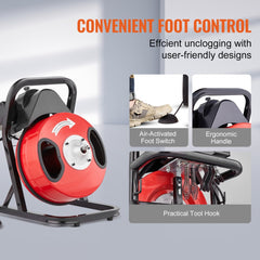 Bostome 50ft drain cleaner machine with manual feed snake, 4 cutters, foot switch, and ergonomic handles.