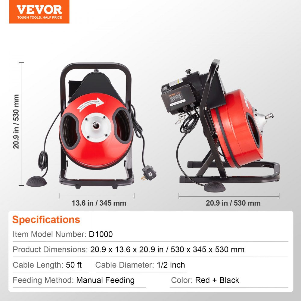 Red manual feed drain snake machine with 50ft cable, 4 cutters, and wheeled cart.