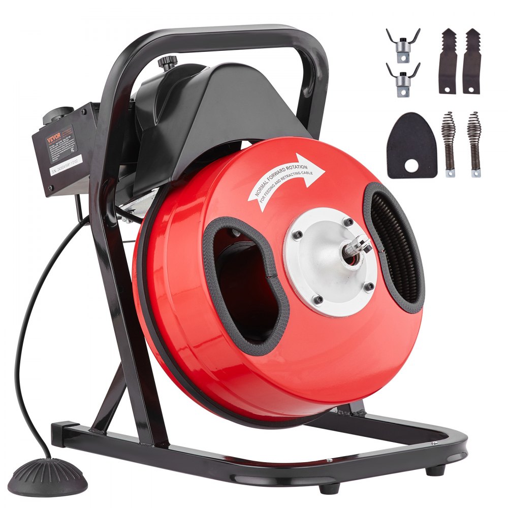 Bostome 50ft x 1/2-inch manual feed drain cleaner machine with red drum, black frame, and 4 cutters.