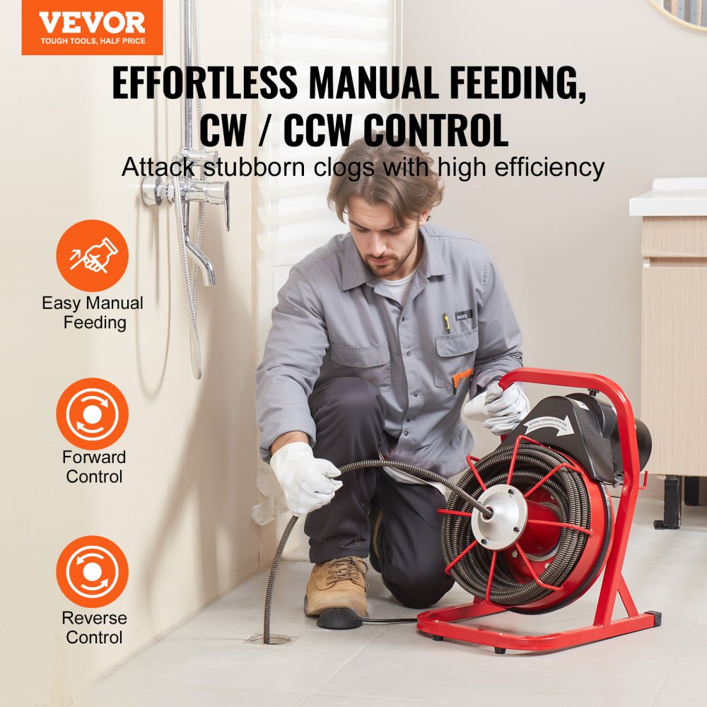 A man uses a red drain cleaner machine with a 75ft auger to clear a floor drain.