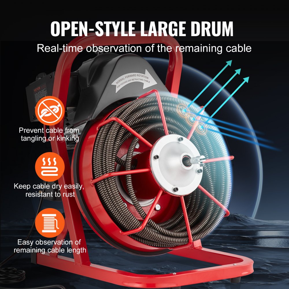 Bostome drain cleaner machine with 75-foot 1/2-inch auger, 4 cutters, and open drum for cable observation.