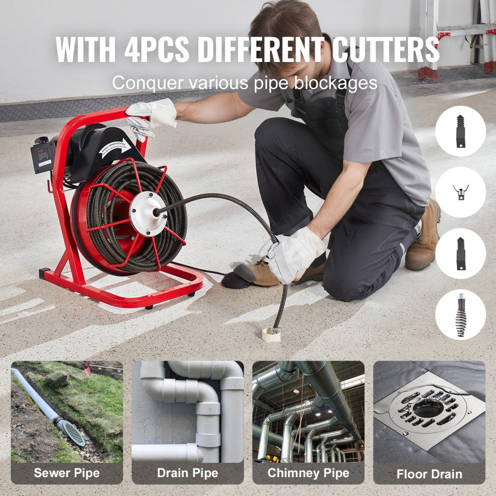 Man using red 75ft drain cleaning machine with 1/2 inch auger and 4 cutters to clear pipes.