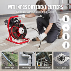 Man using red 75ft drain cleaning machine with 1/2 inch auger and 4 cutters to clear pipes.