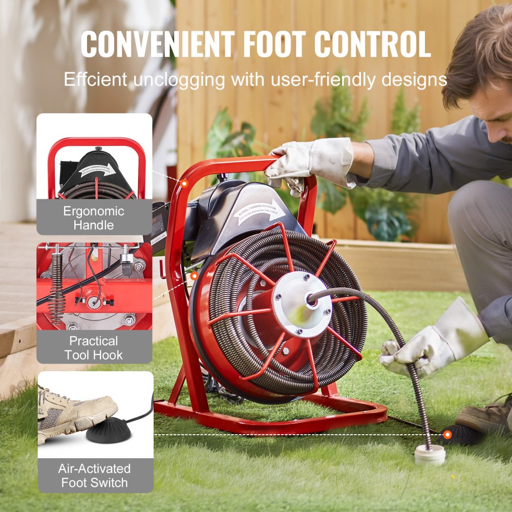 Red drain cleaning machine with 75-foot auger, ergonomic handle, foot switch, and tool hook.