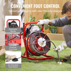 Red drain cleaning machine with 75-foot auger, ergonomic handle, foot switch, and tool hook.