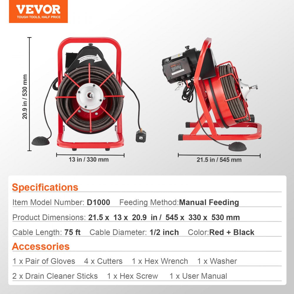 Bostome 75ft drain cleaner machine with 1/2-inch auger, 4 cutters, and manual feed drum.