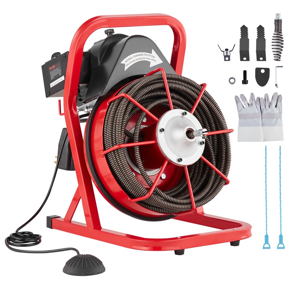 Red electric drain cleaning machine with 75ft coiled auger, 4 cutters, and gloves on stand.