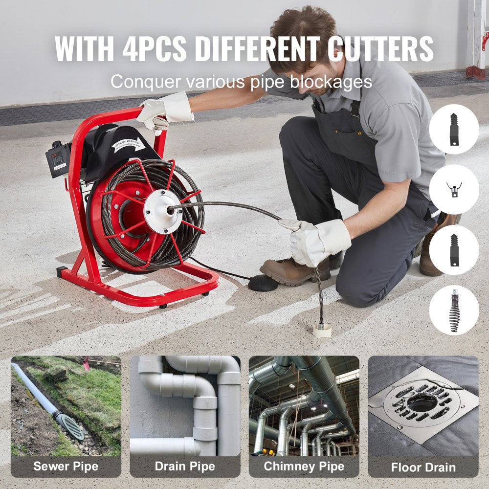 Bostome 50FT drain cleaner machine auger with manual feed and four interchangeable cutters.