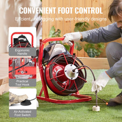 Bostome 50FT drain cleaner machine auger with manual feed and four interchangeable cutters.