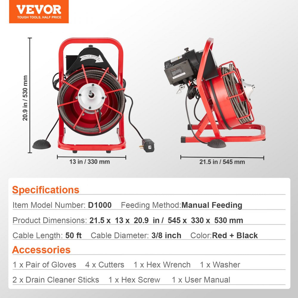 Bostome 50FT drain cleaner machine auger with manual feed and four interchangeable cutters.