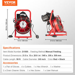Bostome 50FT drain cleaner machine auger with manual feed and four interchangeable cutters.