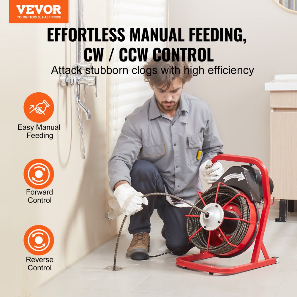 Man using Bostome drain auger machine with 75ft cable and 4 cutters to clear clogs.
