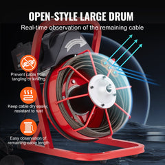 Red open-style drum drain auger machine with 75ft coiled cable, handle, and four cutters.