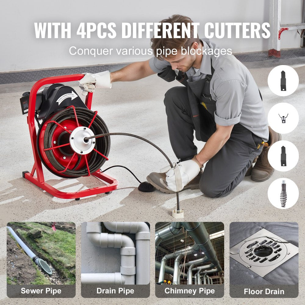 Man using red 75ft drain auger machine with 3/8 inch cable and 4 cutters to clear pipe blockages.