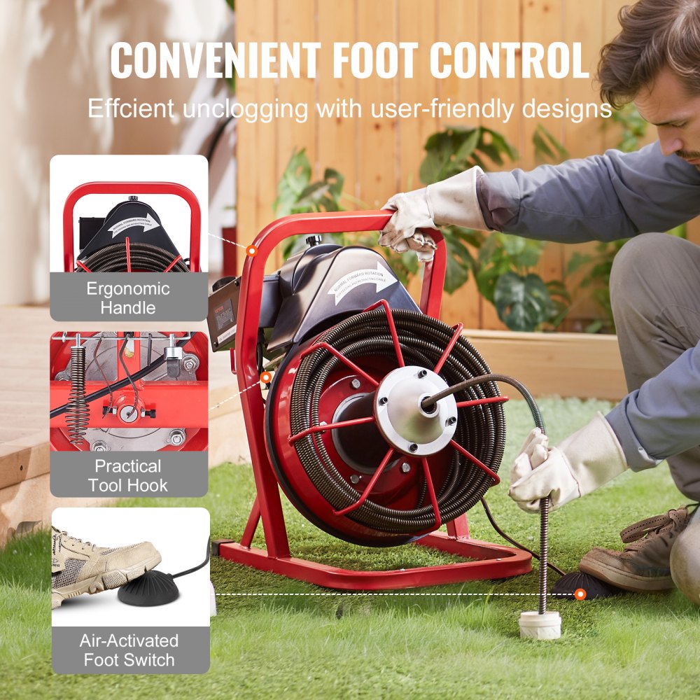Man using red Bostome drain auger machine with 75ft cable, foot pedal, and tool hook on grass.