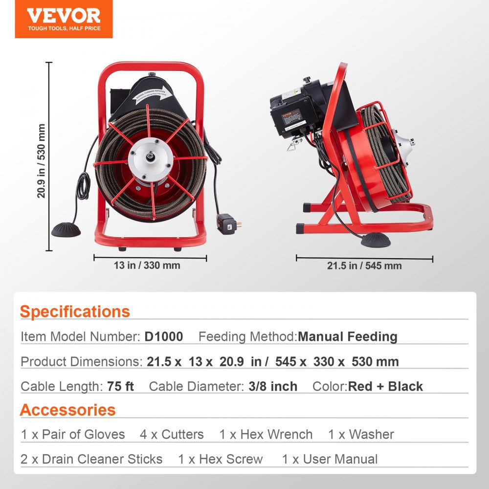 Red Bostome drain auger machine with 75ft 3/8 inch cable, manual feed drum, and 4 cutters.