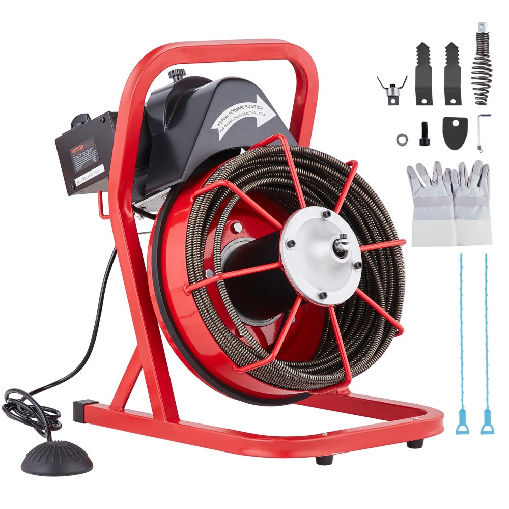 Red Bostome drain auger machine with 75ft 3/8 inch cable, 4 cutters, and gloves.