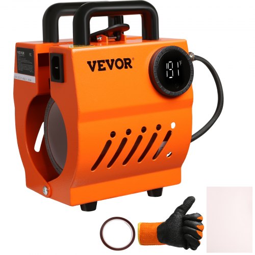 Orange VEVOR portable mini mug heat press machine with digital display, handle, and accessories including gloves and paper.