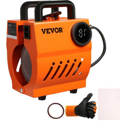 Orange VEVOR portable mini mug heat press machine with digital display, handle, and accessories including gloves and paper.