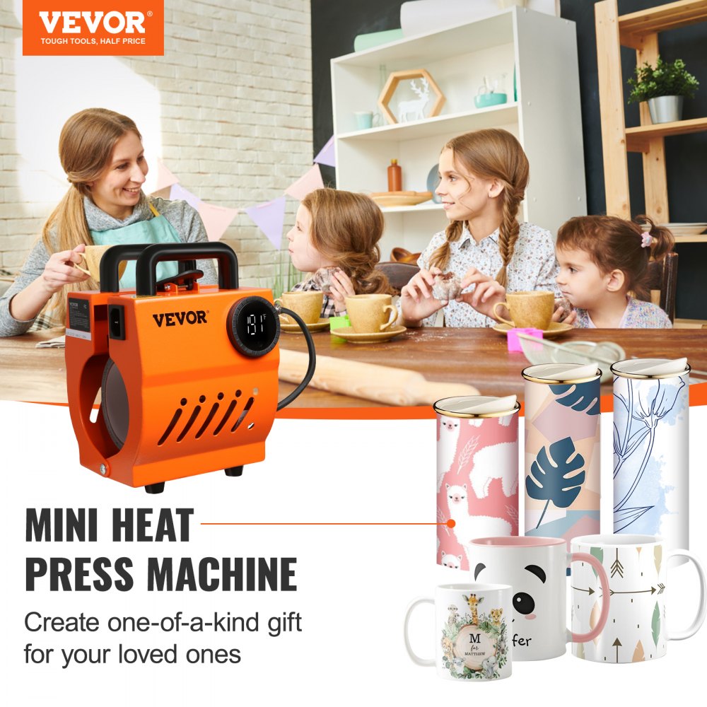 Orange Bostome mini mug heat press machine with knob control, shown pressing designs on 11-15oz mugs in a family kitchen setting.