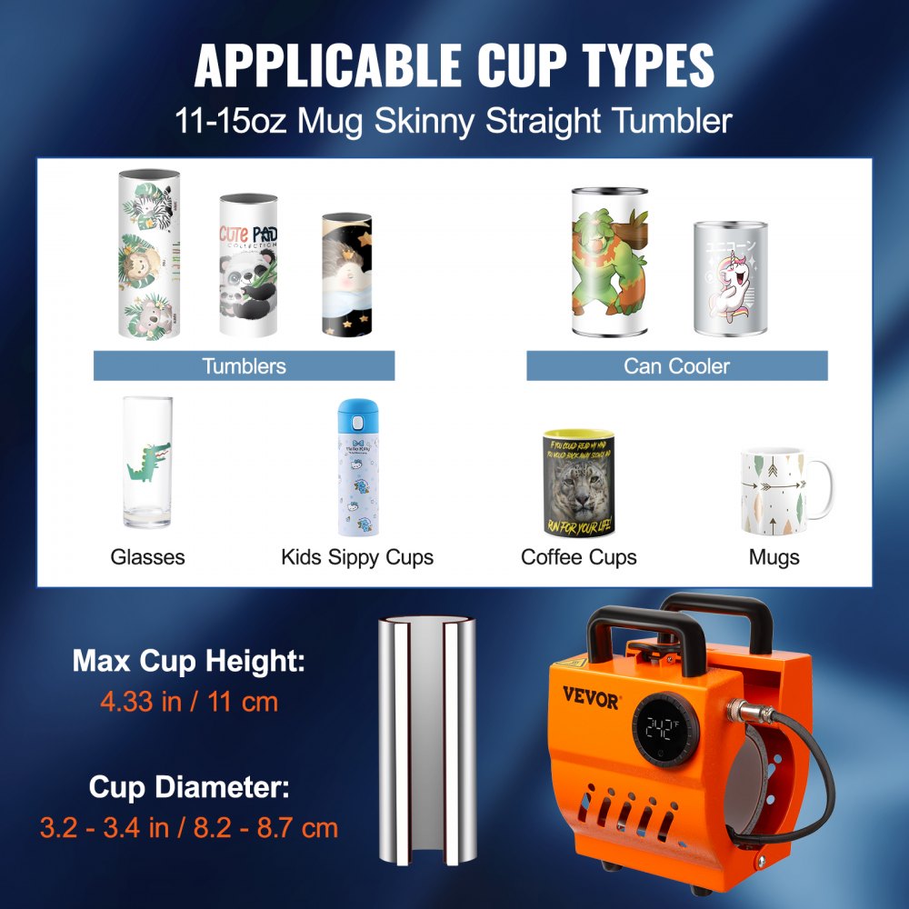 Infographic for Bostome Mini Mug Heat Press showing compatible 11-15oz mug types, dimensions, and portable design.
