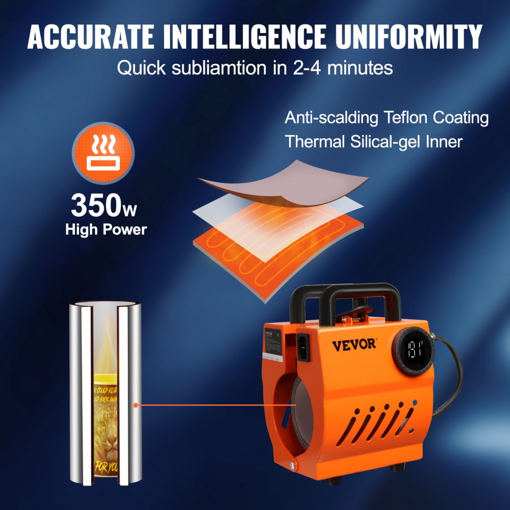 Orange portable mini mug heat press machine with 350W power, LCD display, and thermal silica-gel inner for 11-15oz sublimation mugs.