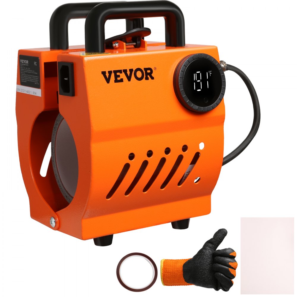 Orange portable mini mug heat press with digital knob and included glove and tape.