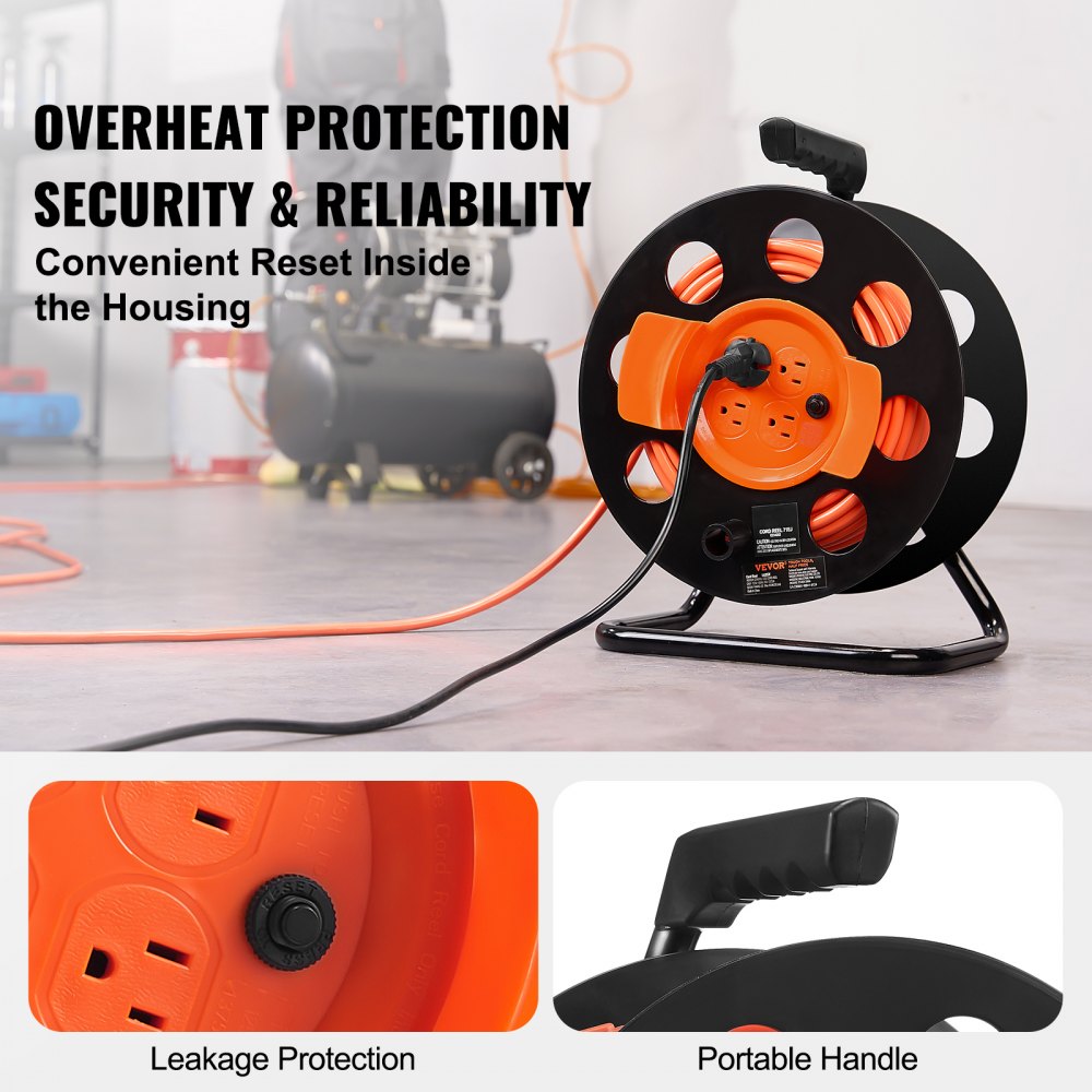 Extension Cord Reel, 100FT, with 4 Outlets and Dust Cover, Heavy Duty 12AWG SJTOW Power Cord, Manual Cord Reel with Portable Handle Circuit Breaker, for Toolshed Garage, Tested to UL Standards